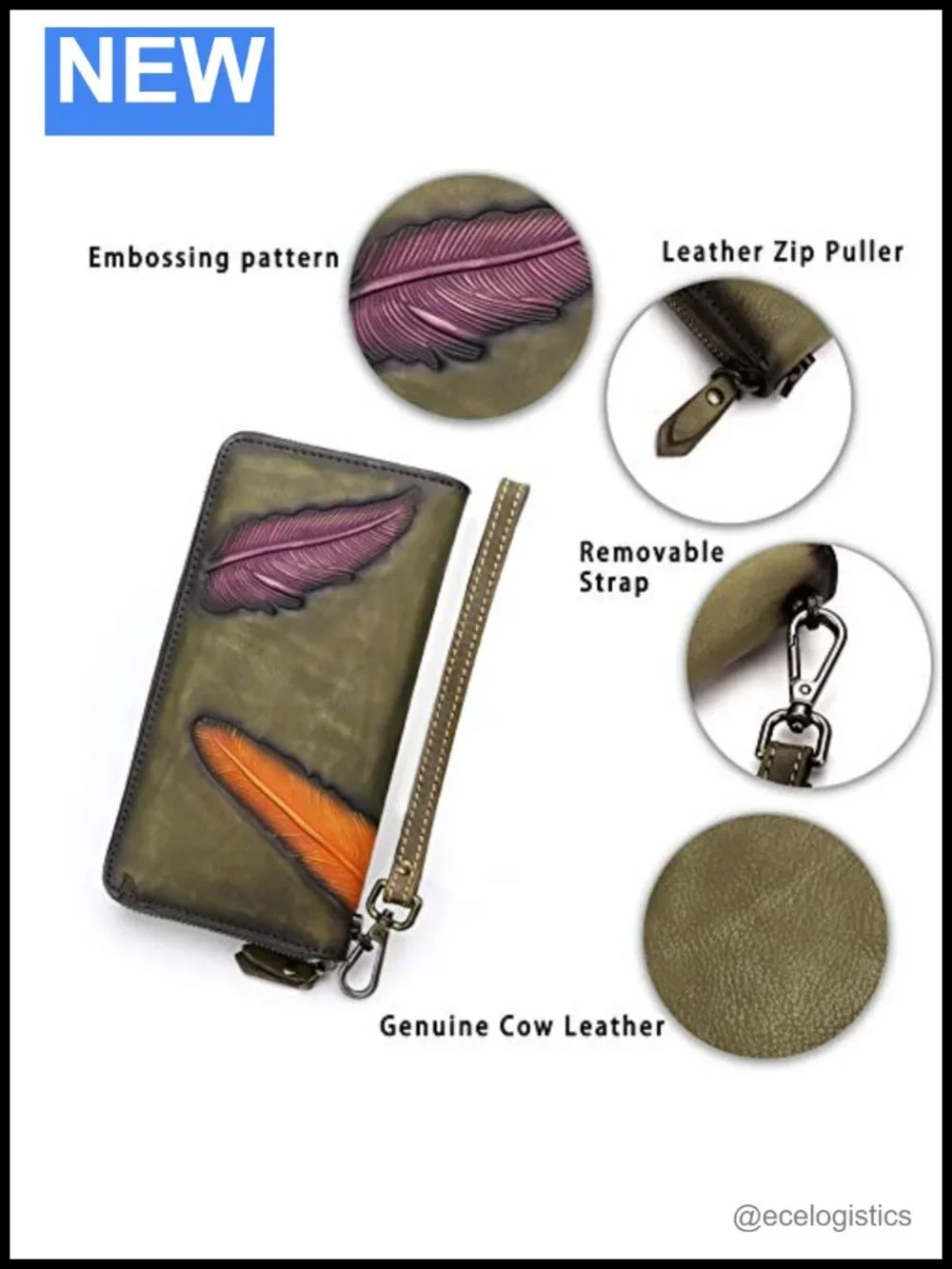 Genuine Leather Zip Around Wristlet Long Purse Handmade Clutch with Card Slots